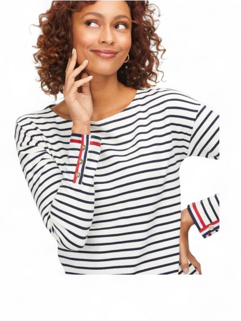 Talbots Petite Striped Rhone Tee SP Navy White Bateau Neck Long Sleeve Cotton
